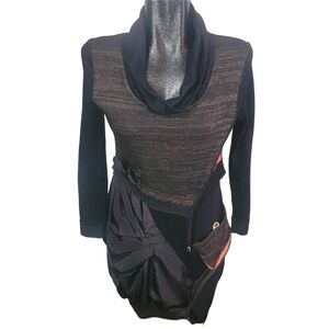 Premise Paris Black Patchwork Mixed Fabric Unique Grunge Style Midi Dress S